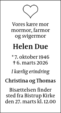Dødsannoncen for Helen Due - Birkerød