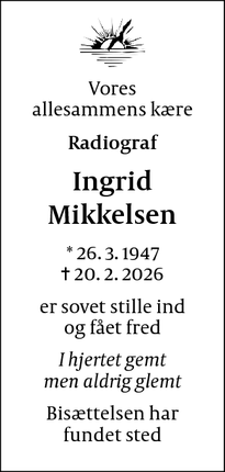 Dødsannoncen for Ingrid Mikkelsen - Farum
