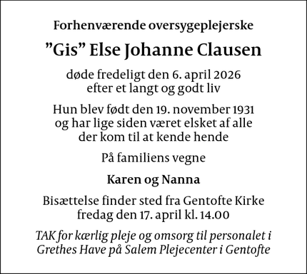 Dødsannoncen for &rdquo;Gis&rdquo; Else Johanne Clausen - 2820 Gentofte