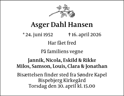 Dødsannoncen for Asger Dahl Hansen - Hellerup