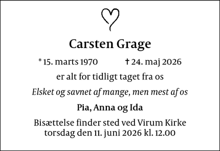 Dødsannoncen for Carsten Grage - Nordhavn