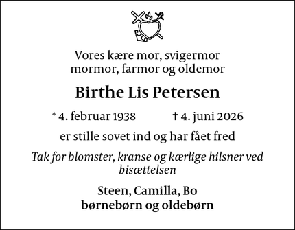 Dødsannoncen for Birthe Lis Petersen - Brøndby
