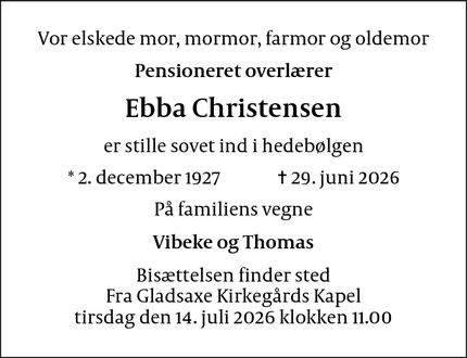 Dødsannoncen for Ebba Christensen - Brønshøj/København