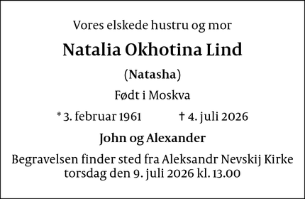 Dødsannoncen for Natalia Okhotina Lind - København