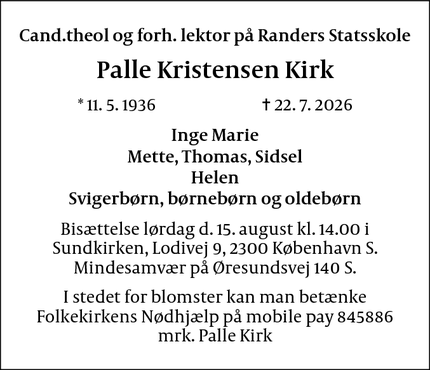 Dødsannoncen for Palle Kristensen Kirk - København
