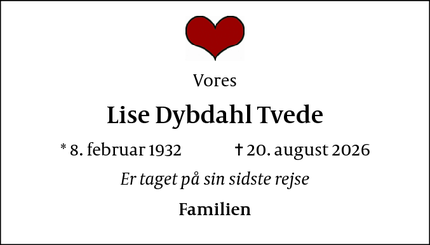 Dødsannoncen for Lise Dybdahl Tvede - københavn 