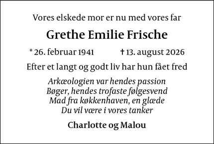 Dødsannoncen for Grethe Emilie Frische - Lyngby