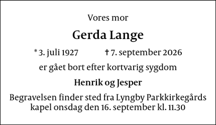 Dødsannoncen for Gerda Lange - 2800 Lyngby