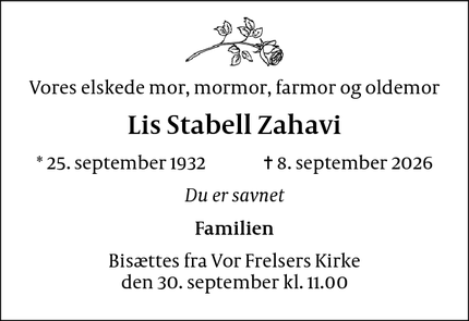 Dødsannoncen for Lis Stabell Zahavi - København