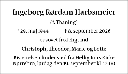 Dødsannoncen for Ingeborg R&oslash;rdam Harbsmeier - Frederiksberg C