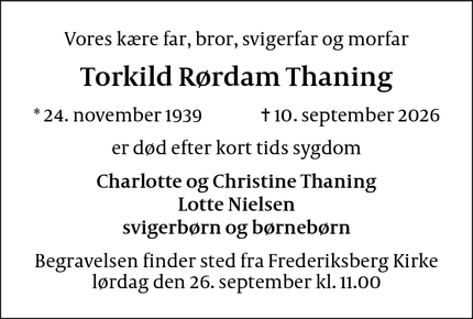 Dødsannoncen for Torkild R&oslash;rdam Thaning - Frederiksberg C