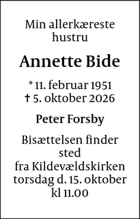 Dødsannoncen for Annette Bide - København