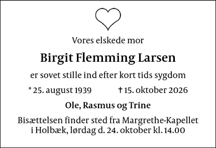 Dødsannoncen for Birgit Flemming Larsen - Holbæk