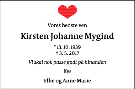 Dødsannoncen for Kirsten Johanne Mygind - Vejle