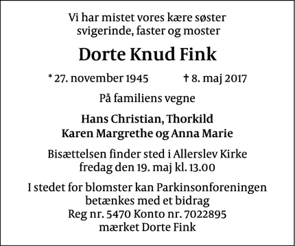 Dødsannoncen for Dorte Knud Fink - Ringsted