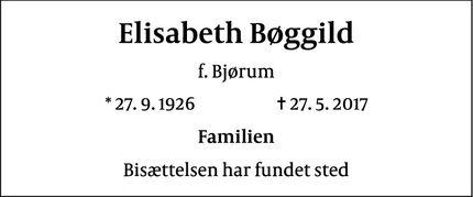 Dødsannoncen for Elisabeth Bøggild - frederiksberg