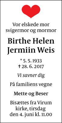 Dødsannoncen for Birthe Helen Jermiin Weis - Virum