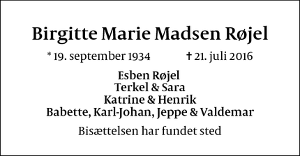 Dødsannoncen for Birgitte Marie Madsen Røjel - Frederiksberg