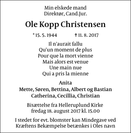 Dødsannoncen for  Ole Kopp Christensen - Hellerup