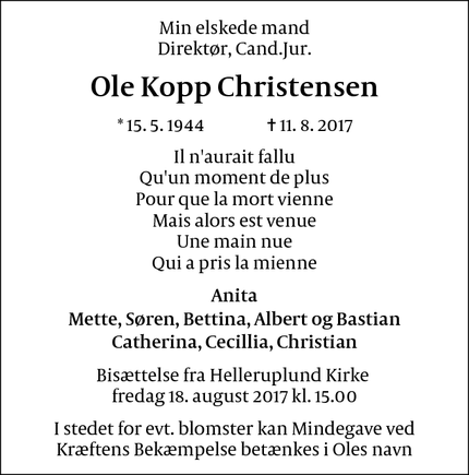 Dødsannoncen for Ole Kopp Christensen - Hellerup