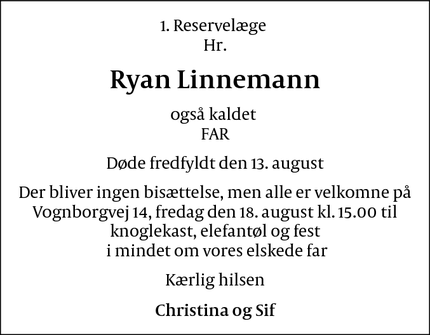Dødsannoncen for Ryan Linnemann  - København