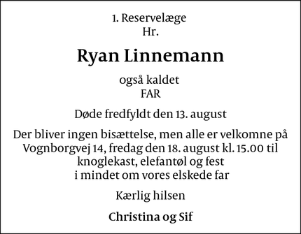 Dødsannoncen for Ryan Linnemann  - København