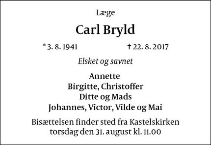 Dødsannoncen for Carl Bryld - Køben