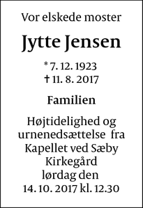 Dødsannoncen for Jytte Jensen - Frederiksberg