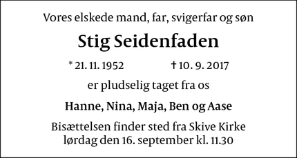 Dødsannoncen for Stig Seidenfaden - Skive
