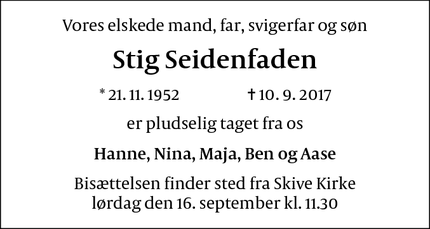 Dødsannoncen for Stig Seidenfaden - Skive
