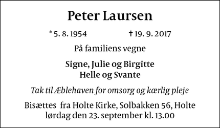 Dødsannoncen for Peter Laursen - Holte