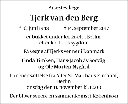 Dødsannoncen for Tjerk van den Berg - Berlin