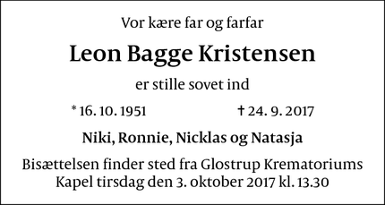 Dødsannoncen for Leon Bagge Kristensen - Glostrup