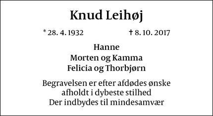 Dødsannoncen for Knud Leihøj - Frederiksberg