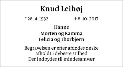 Dødsannoncen for Knud Leihøj - Frederiksberg