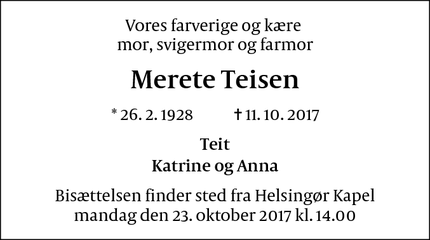 Dødsannoncen for Merete Teisen - Helsingør