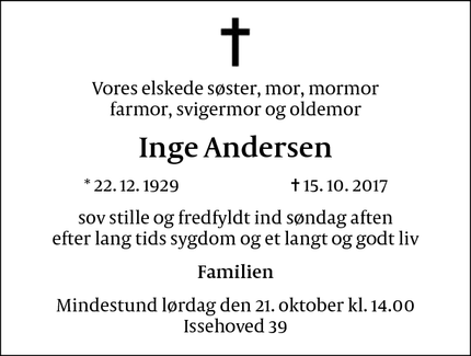 Dødsannoncen for Inge Andersen - Nordby