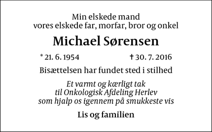 Dødsannoncen for Michael Sørensen - Emdrup
