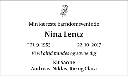 Dødsannoncen for Nina Lentz - København