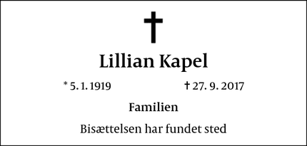 Dødsannoncen for Lillian Kapel - Charlottenlund