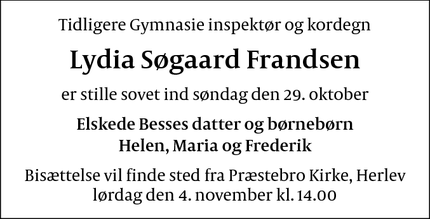 Dødsannoncen for Lydia Søgaard Frandsen - Herlev