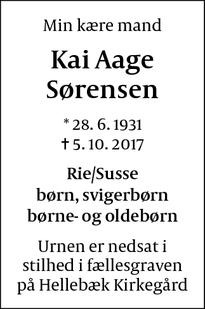 Dødsannoncen for Kai Aage Sørensen - Rødovre