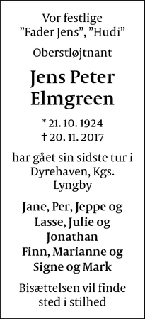 Dødsannoncen for Jens Peter Elmgreen - Kongens Lyngby