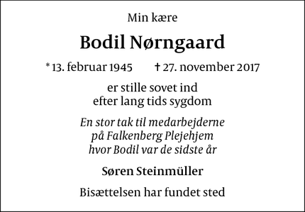 Dødsannoncen for Bodil Nørngaard - Ålsgårde