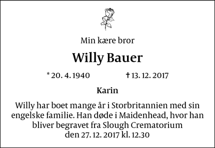 Dødsannoncen for Willy Bauer - Maidenhead, Storbritannien