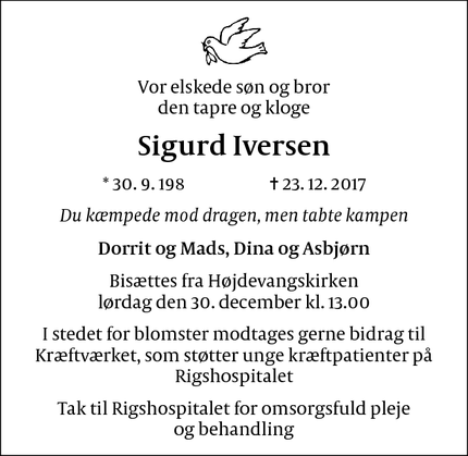 Dødsannoncen for Sigurd Iversen - København S