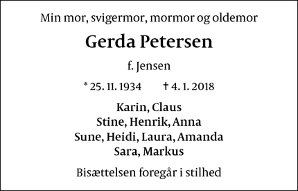 Dødsannoncen for Gerda Petersen - København K