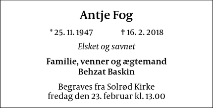 Dødsannoncen for Antje Fog - Solrød Strand