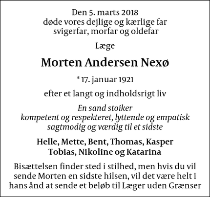 Dødsannoncen for Morten Andersen Nexø - Kongsted