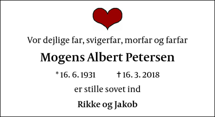 Dødsannoncen for Mogens Albert Petersen - Hornbæk